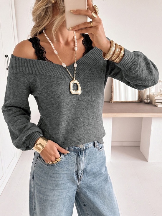 Perfee Sweaters - Off-Shoulder Lace Trim Sweater